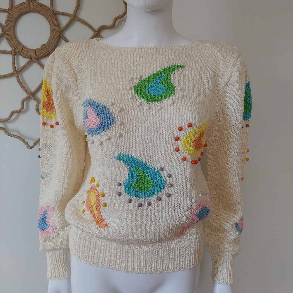 NANNELL VINTAGE 80s RETRO GEO PASTEL NEW WAVE BOHO EMBELLISHED SWEATER M